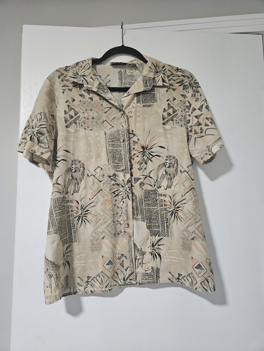 Vintage Paradise Bay Safari Lion Print Camp Shirt Women's Large USA Made